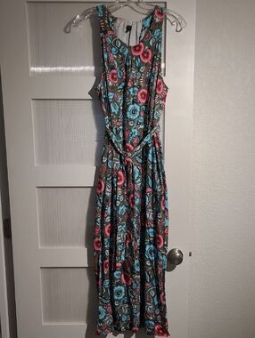 Talbots Teal and Pink Floral Sleeveless Maxi Dress